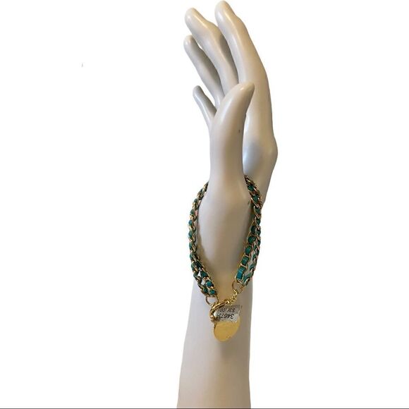 Teal Green & Gold Double Chain Bracelet w/ decorative toggle clasp. - Picture 2 of 6